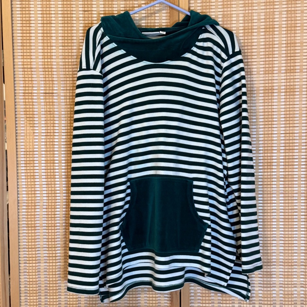 Denim & Co Womens XL Green White Striped Hoodie Kangaroo Pocket Costal Bohemian
